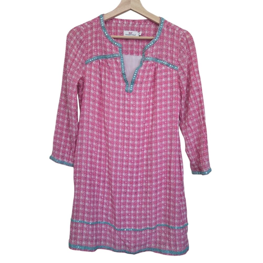 Vineyard Vines | Silk Tunic Dress Embellished Accents 7/8 Sleeve
